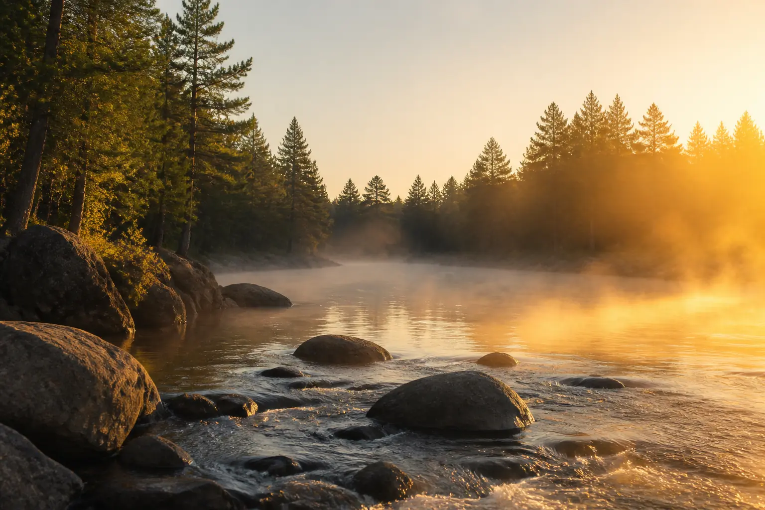 Mist lifting off the river as the sun rises behind the pines